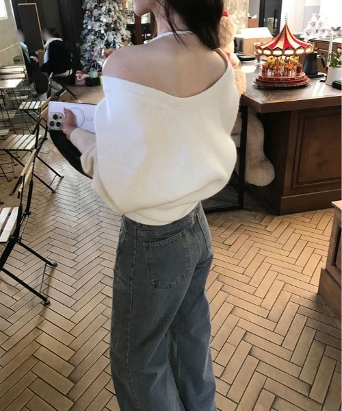 ニット セーター オフショルダー 深V ネック クロップド プルオーバー