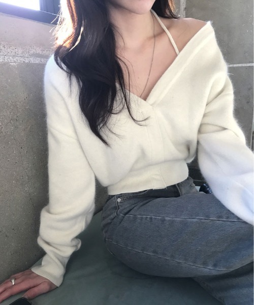 ニット セーター オフショルダー 深V ネック クロップド プルオーバー