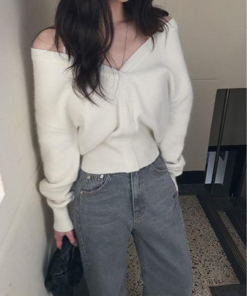 ニット セーター オフショルダー 深V ネック クロップド プルオーバー