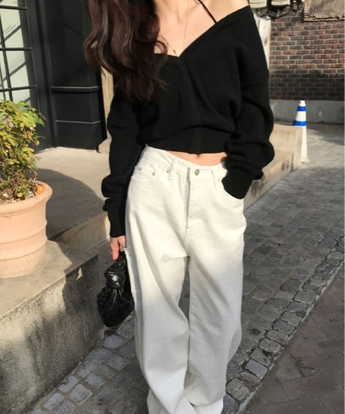 ニット セーター オフショルダー 深V ネック クロップド プルオーバー