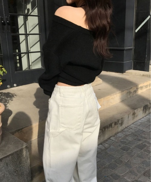 ニット セーター オフショルダー 深V ネック クロップド プルオーバー