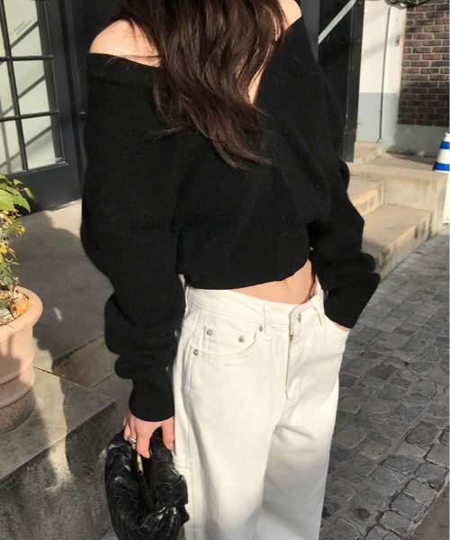 ニット セーター オフショルダー 深V ネック クロップド プルオーバー