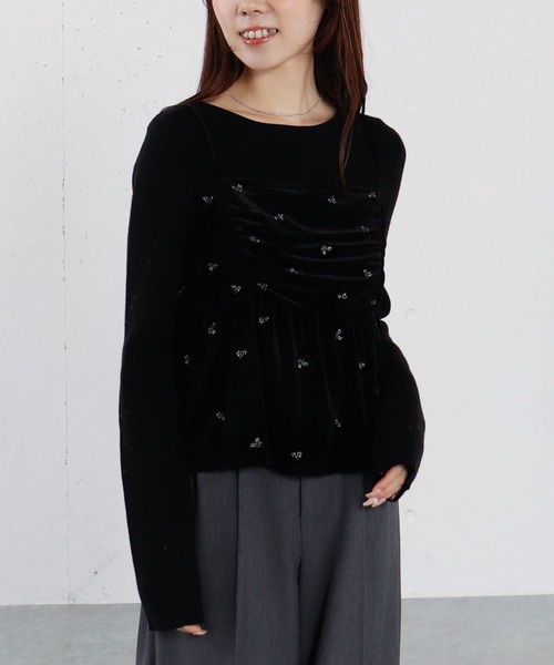 archives（アルシーヴ） ニット セーター 花柄刺繍ベロアビスチェ