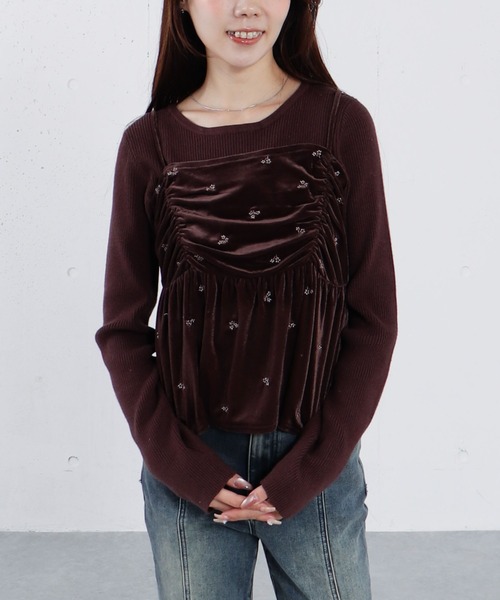 ベロア刺繍ニット バックシャン小花刺繍ベロアトップス【洗濯機OK】（カットソー