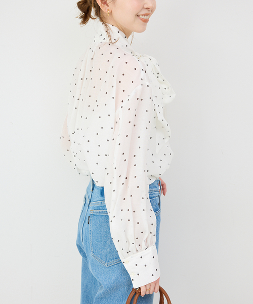 スローブイエナ 水玉 ボウタイブラウス 長袖 貝ボタン シフォン 袖口レースあり SLOBE IENA（スローブイエナ） ブラウス シャツ 「WEB限定/追加
