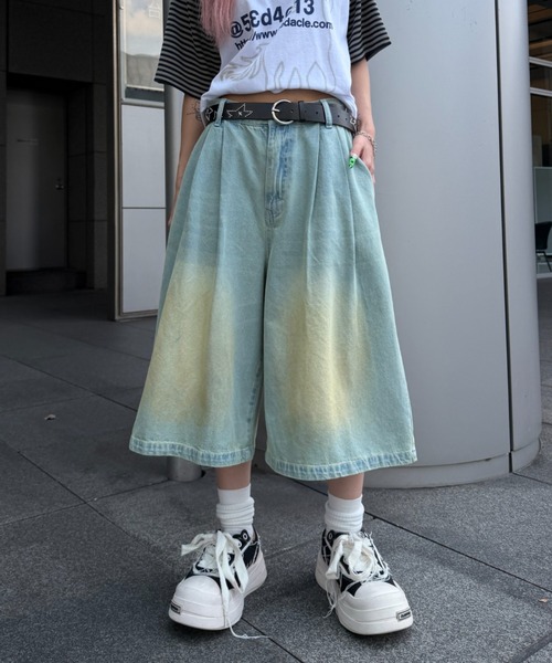極太 膝下丈 90s リネン ワイドバギーショーツ ハーフパンツ ショートパンツ ワイドパンツ ハーフパンツ パンツ 短パン フロントタックバギージョー