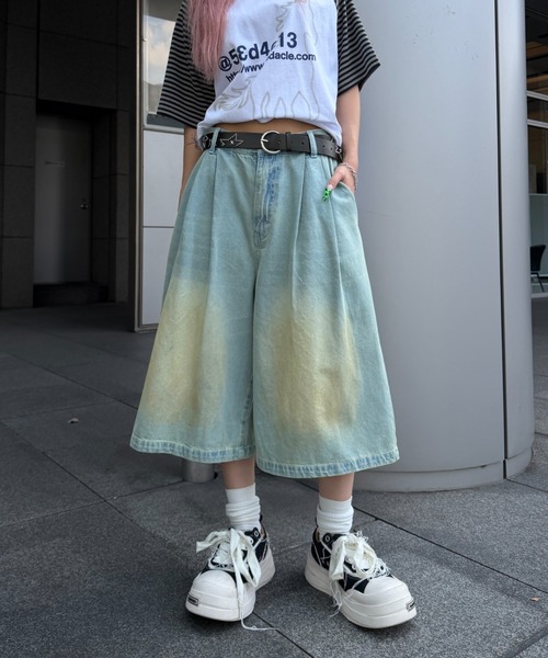 ワイドパンツ ハーフパンツ パンツ 短パン フロントタックバギージョー