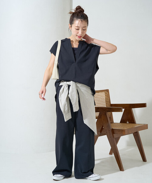 パンツ 限定展開　Vネック フレンチ スリーブ パンツ セットアップ(カットソー・パンツ) レディースの画像