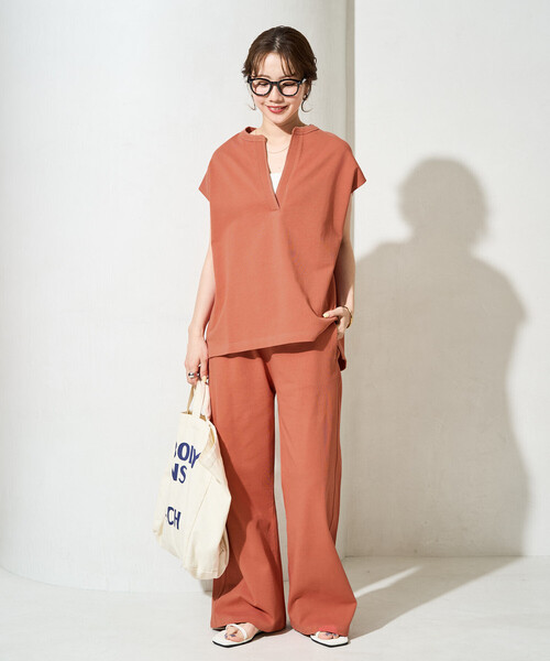 パンツ 限定展開　Vネック フレンチ スリーブ パンツ セットアップ(カットソー・パンツ) レディースの画像