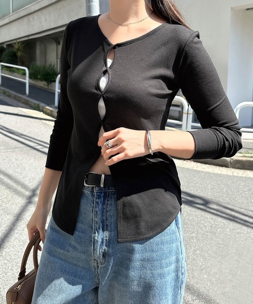 andme（アンドミー） tシャツ ホール開き2wayシアーリブトップス