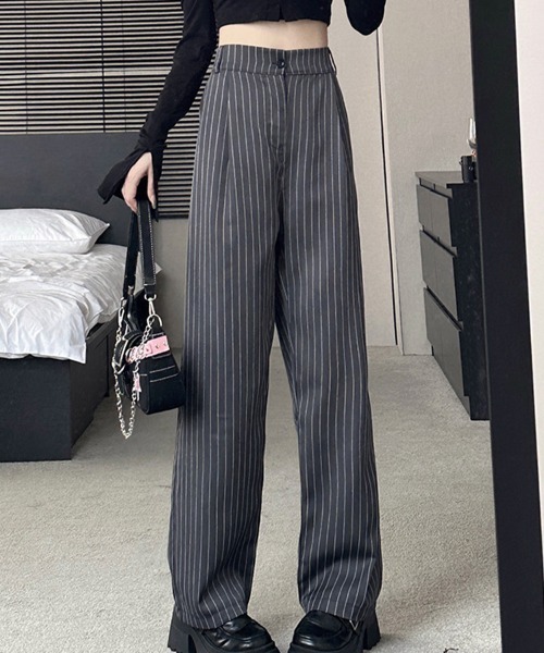 スラックス パンツ ピンストライプハイウエストスラックス レディース