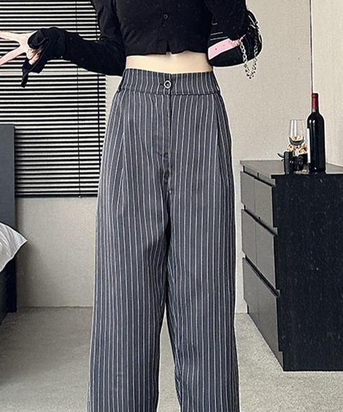 スラックス パンツ ピンストライプハイウエストスラックス レディース