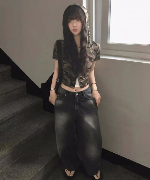 パーカー 迷彩柄 ダブルジップ ショート丈半袖パーカー レディース