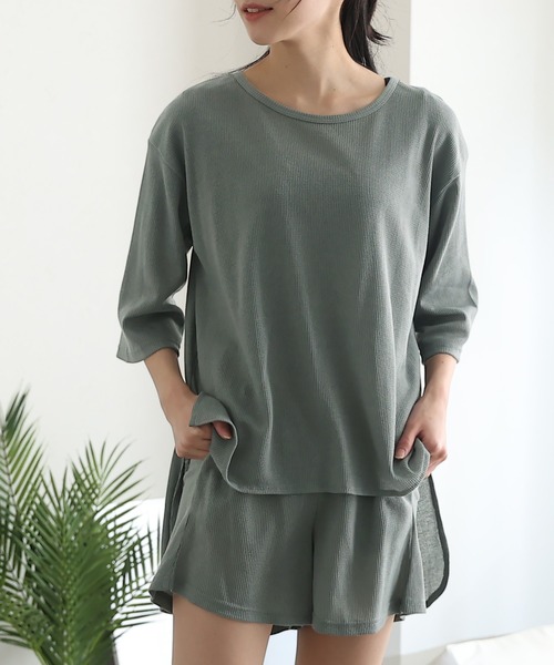 ElegChic パジャマ ルームウェア ワッフルショートパンツ上下セット