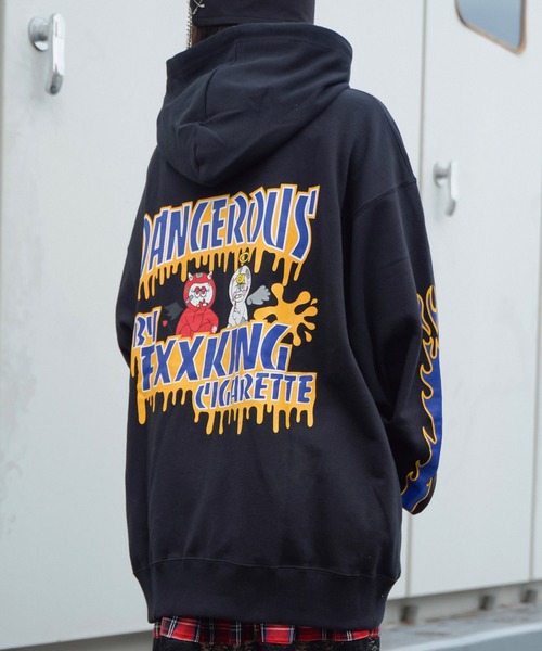 パーカー デビル&エンジェルバックプリントデザイン 裏毛ジップアップビッグパーカー