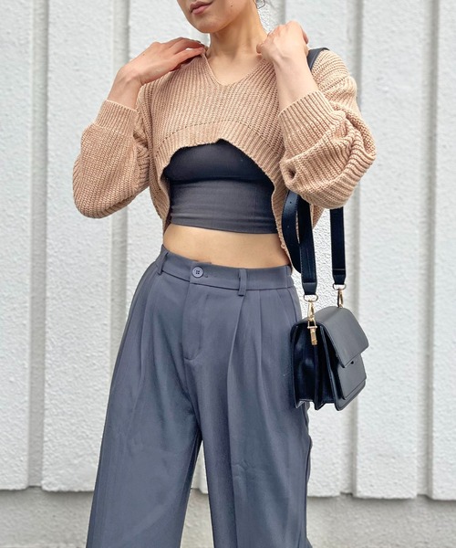 Jewelobe ニット ポロカラーUネック変形ショートプルオーバー 