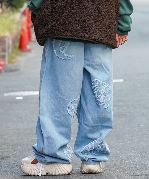 APRIORITY デジタルプリントジーンズ ワイドパンツ Baggy ジーンズ デニム フリンジアップリケ ワイドパンツ / Denim