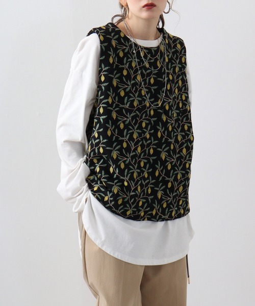 Emago ベスト ジレ EMAGO 2WAYレモン刺繍ベスト レディース
