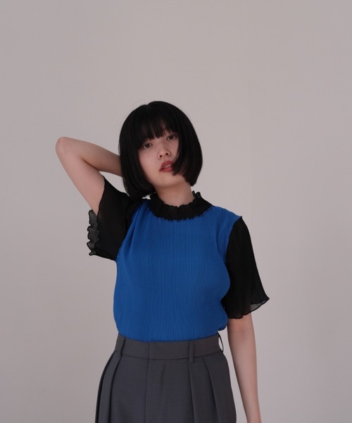 tシャツ メロウ プリーツ バイカラー トップス 半袖 ハイネック カットソー ツートーン レディース Uenui tシャツ メロウ プリーツ バイカラー トップス 半袖
