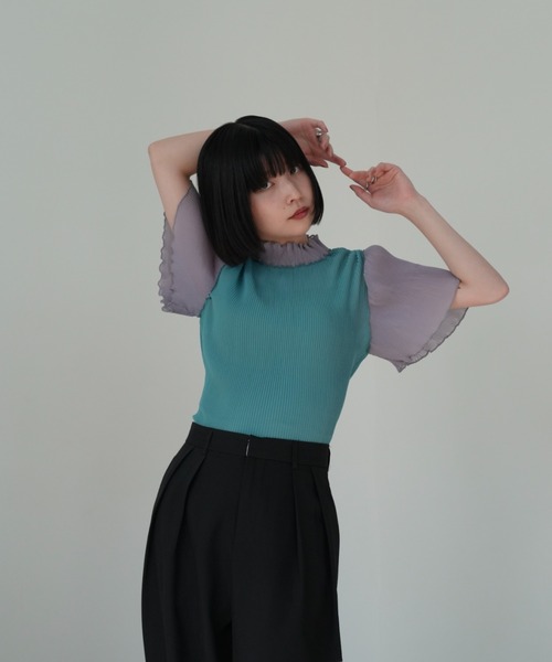 me グラフィックプリーツタートルネック 半袖 Uenui tシャツ メロウ プリーツ バイカラー トップス 半袖