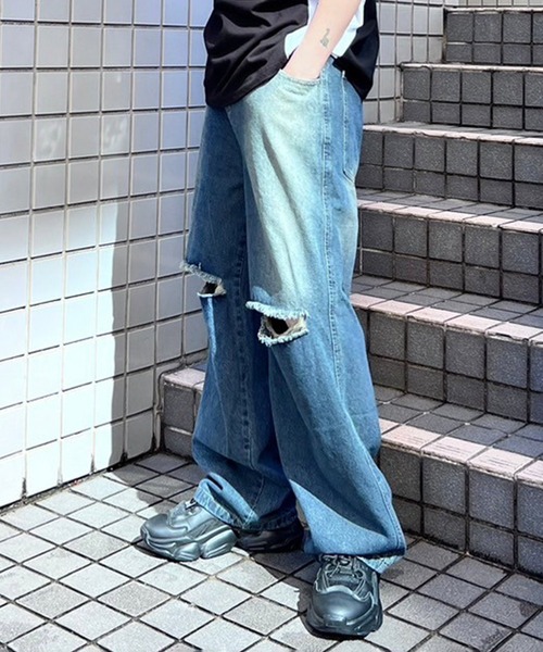 ジーンズ デニム デニムパンツ ワイドバギーダメージデニムパンツ レディース メンズ | ブランド登録なし | 02