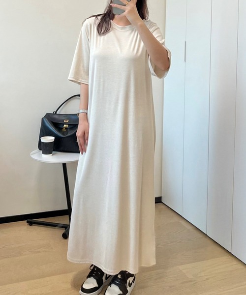 LOWO ワンピース 半袖 シンプルAラインロング丈Tシャツワンピース