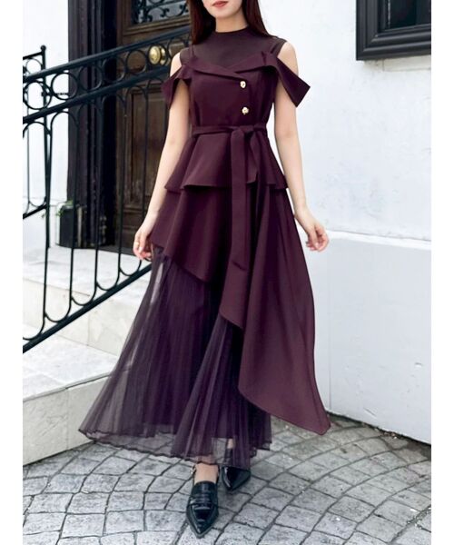 dazzlin オフショルアシメトレンチワンピース　ボルドーM 今期 dazzlin ワンピース オフショルアシメトレンチワンピース