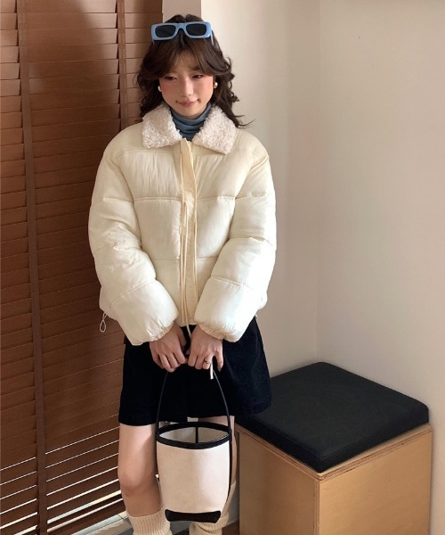 ダウンコート ダウンジャケット フロントリボンデザイン 衿ボアエコ