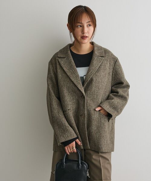 45R ジャケット　テーラード　ツイード　日本製　上着 45Rインドリネンシルクツイードの四角ジャケット: WOMEN｜45R