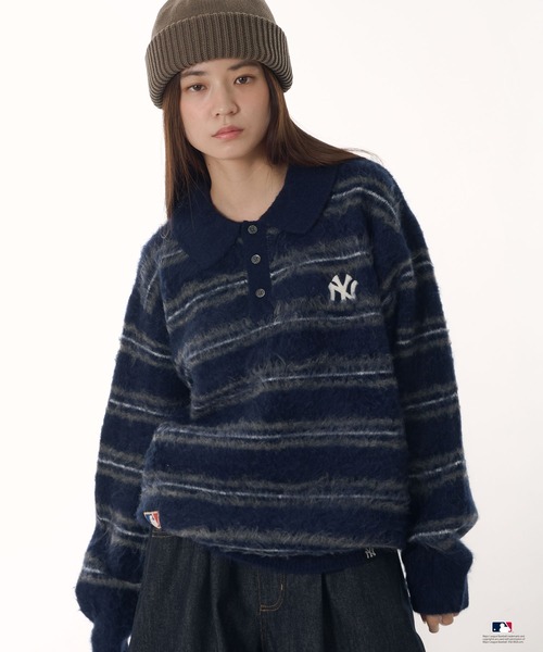 Perushu× MLB コラボ モヘアボーダーニットLサイズ！！ Perushu セーター ニット × MLB モヘアライクボーダーポロニット