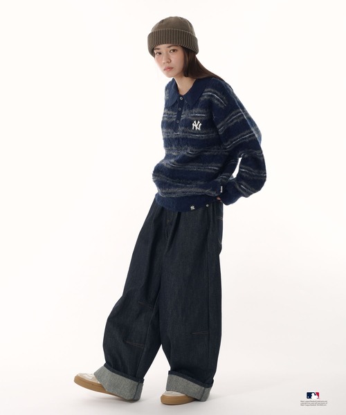 Perushu セーター ニット × MLB モヘアライクボーダーポロニット