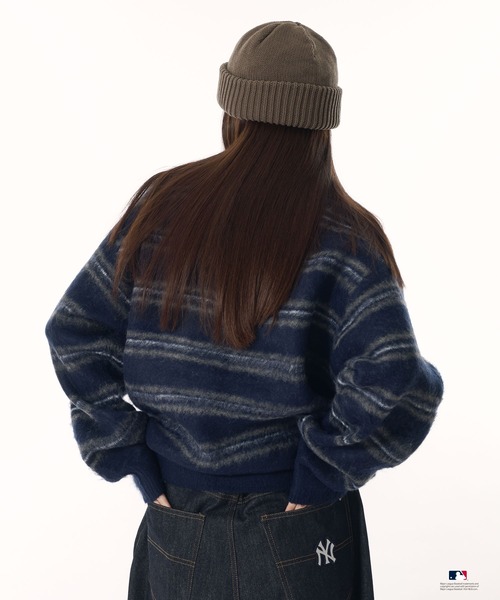 Perushu セーター ニット × MLB モヘアライクボーダーポロニット