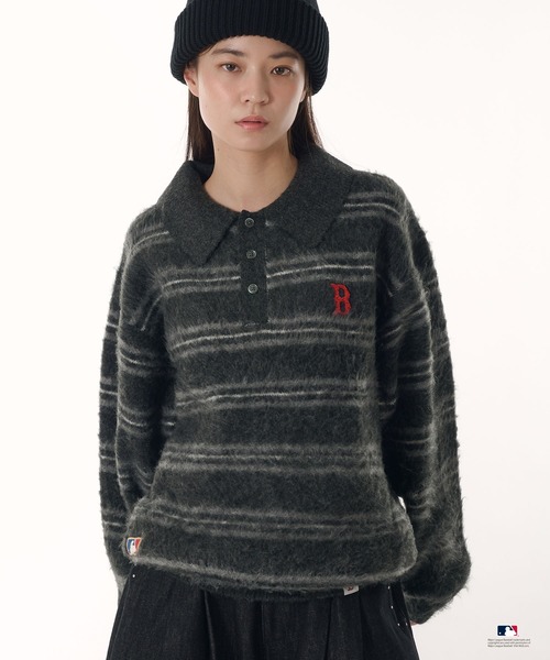 Perushu MLB RED SOX ロゴ モヘアタッチ ボーダー ニット Perushu セーター ニット × MLB モヘアライクボーダーポロニット
