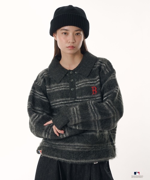Perushu セーター ニット × MLB モヘアライクボーダーポロニット