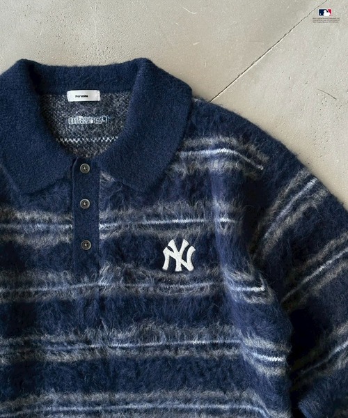 Perushuメンズブランドニット Perushu セーター ニット × MLB モヘアライクボーダーポロニット