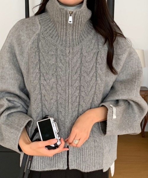 新宿伊勢丹購入STONE  グレー ニットセーター ジップアップM ニット セーター ケーブル編みジップアップニット レディース
