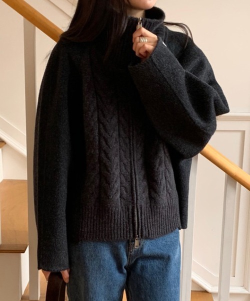 ニット セーター ケーブル編みジップアップニット レディース