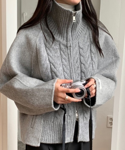 ニット セーター ケーブル編みジップアップニット レディース