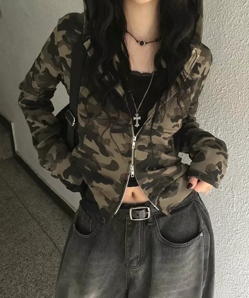antimid　迷彩ダブルジップパーカー　S ANDER HUNK パーカー Camouflage Double Zip-up Parker/カモフラージュ