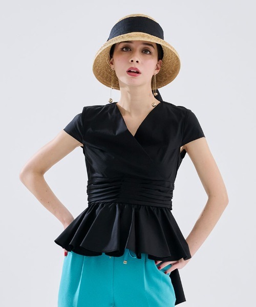 【美品】 JENNE カシュクールペプラムブラウス ブラック Mサイズ ブラウス シャツ 半袖 カシュクールペプラムブラウス レディース