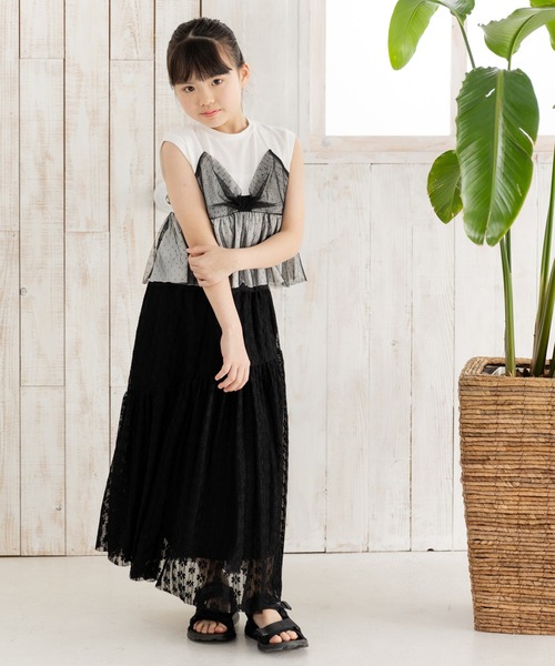 tシャツ チュールノースリーブ レディース Riberry tシャツ チュールレイヤードノースリーブトップス