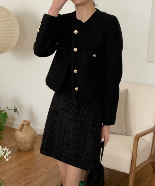 emi+ ノーカラーコート コート プードルゴールドボタンノーカラー