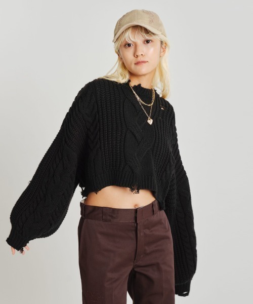 atmos girls ニット セーター pink Cable Damaged Knit