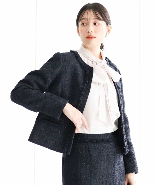 ミッシェルクラン　ツイード　ジャケット　コート　シンプル　綺麗め　上品 MK MICHEL KLEIN ジャケット ノーカラージャケット ノーカラー
