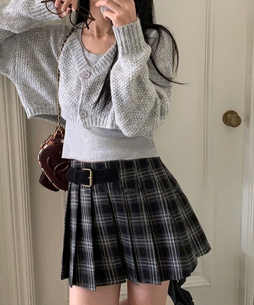 leune スカート ベルトデザインチェックプリーツミニスカート