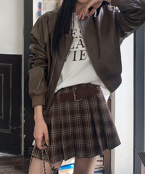leune スカート ベルトデザインチェックプリーツミニスカート