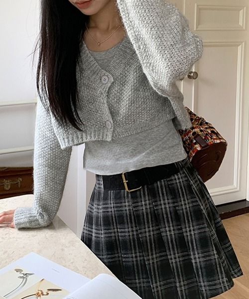 leune スカート ベルトデザインチェックプリーツミニスカート
