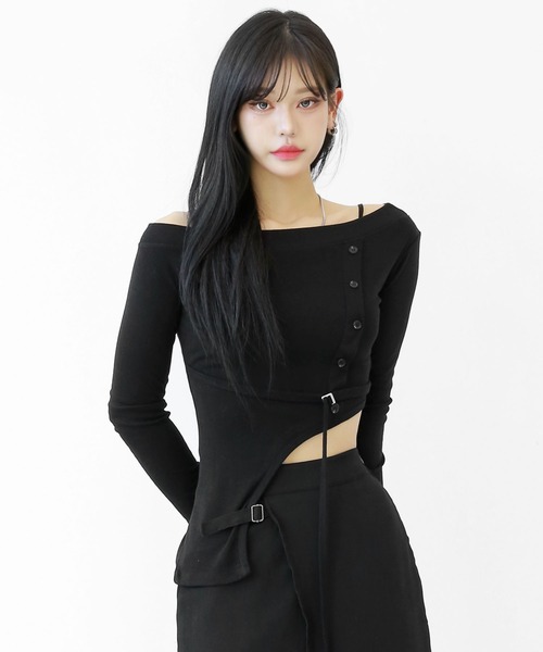 tシャツ アシンメトリー ショート丈 ストラップ付き タイトカットソー レディース