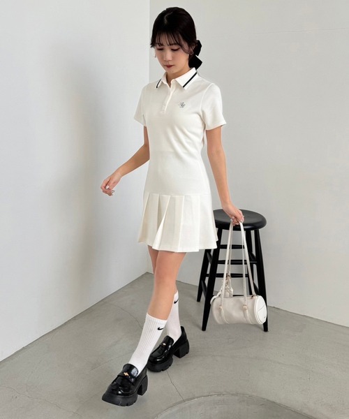 *Cider* 襟ストライプ プリーツ ミニ ワンピース one after another NICE CLAUP ワンピース ポロ襟プリーツミニ