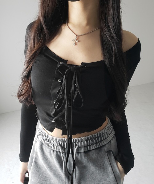 me+em select tシャツ 「 3color 」レースアップフロントリボン